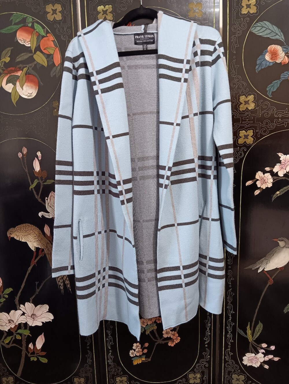 Frank Lyman Design Light Blue Hooded Plaid Open Cardigan